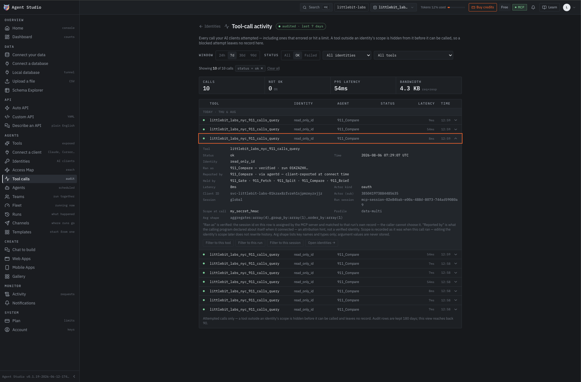 Placeholder capture — the Ask Studio activity record: every question and every call listed with latency and time