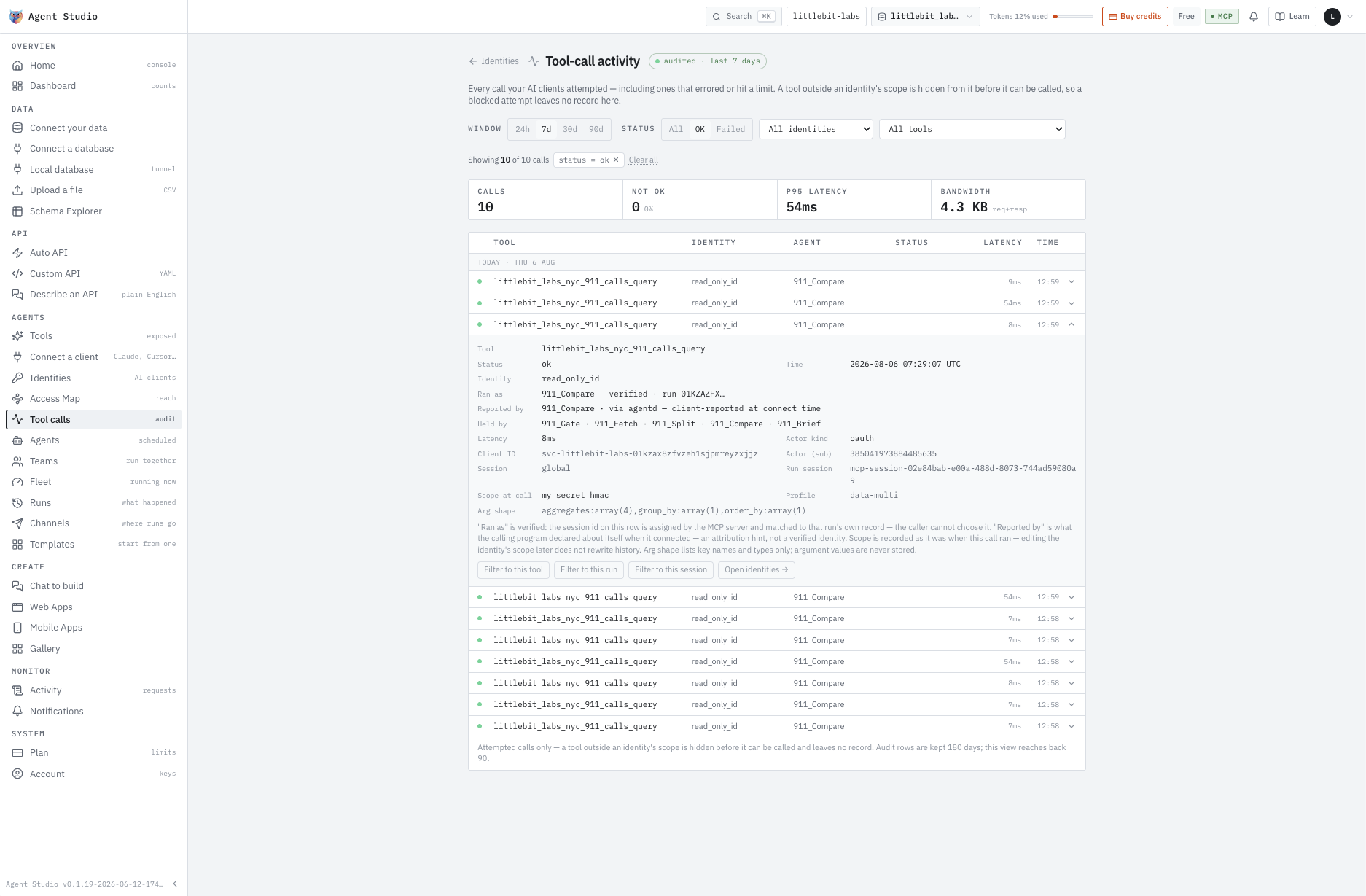 Placeholder capture — the Ask Studio activity record: every question and every call listed with latency and time