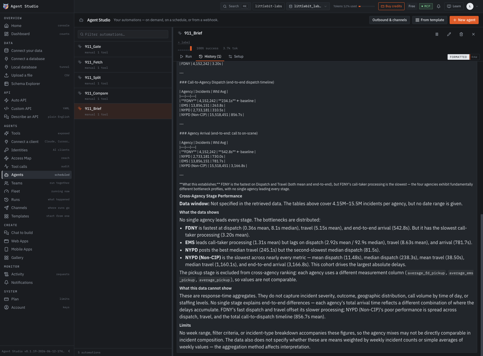 The 911_Brief agent open on its History tab, showing a formatted cross-agency response-time brief with per-agency incident counts and weighted averages