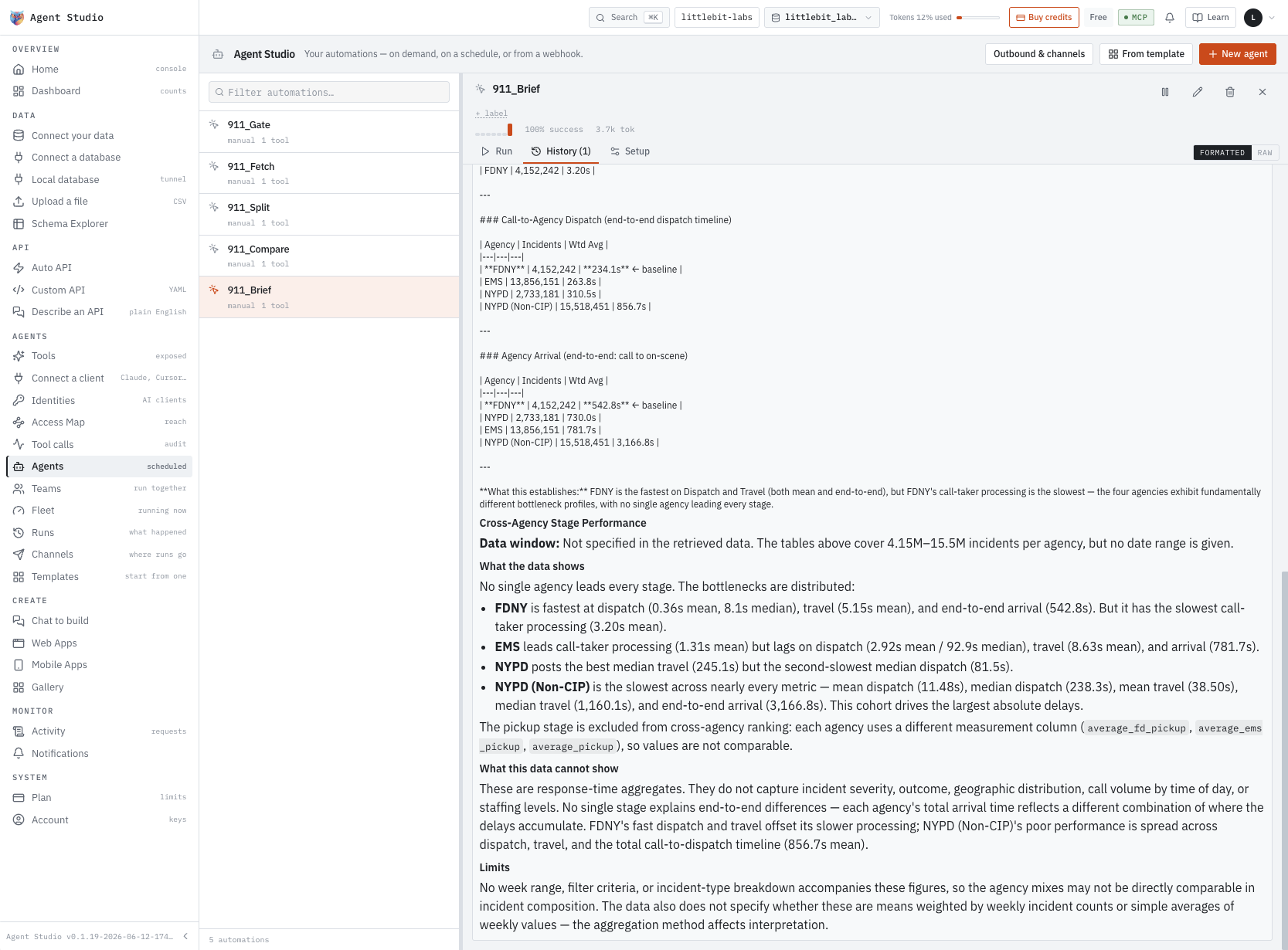 The 911_Brief agent open on its History tab, showing a formatted cross-agency response-time brief with per-agency incident counts and weighted averages