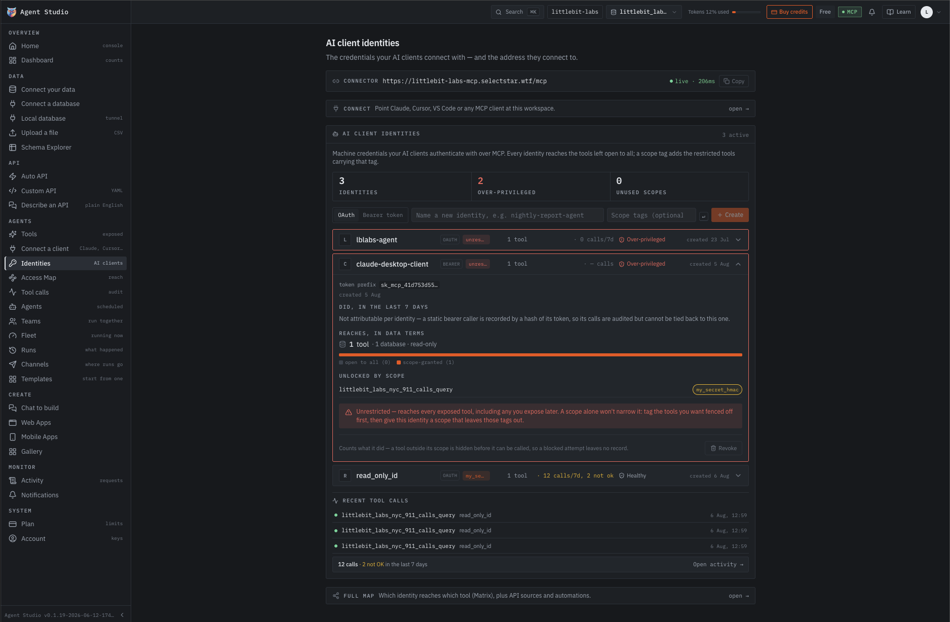 The AI client identities view: a live MCP connector address, three identities with two flagged over-privileged, and one identity expanded to show the single tool it reaches