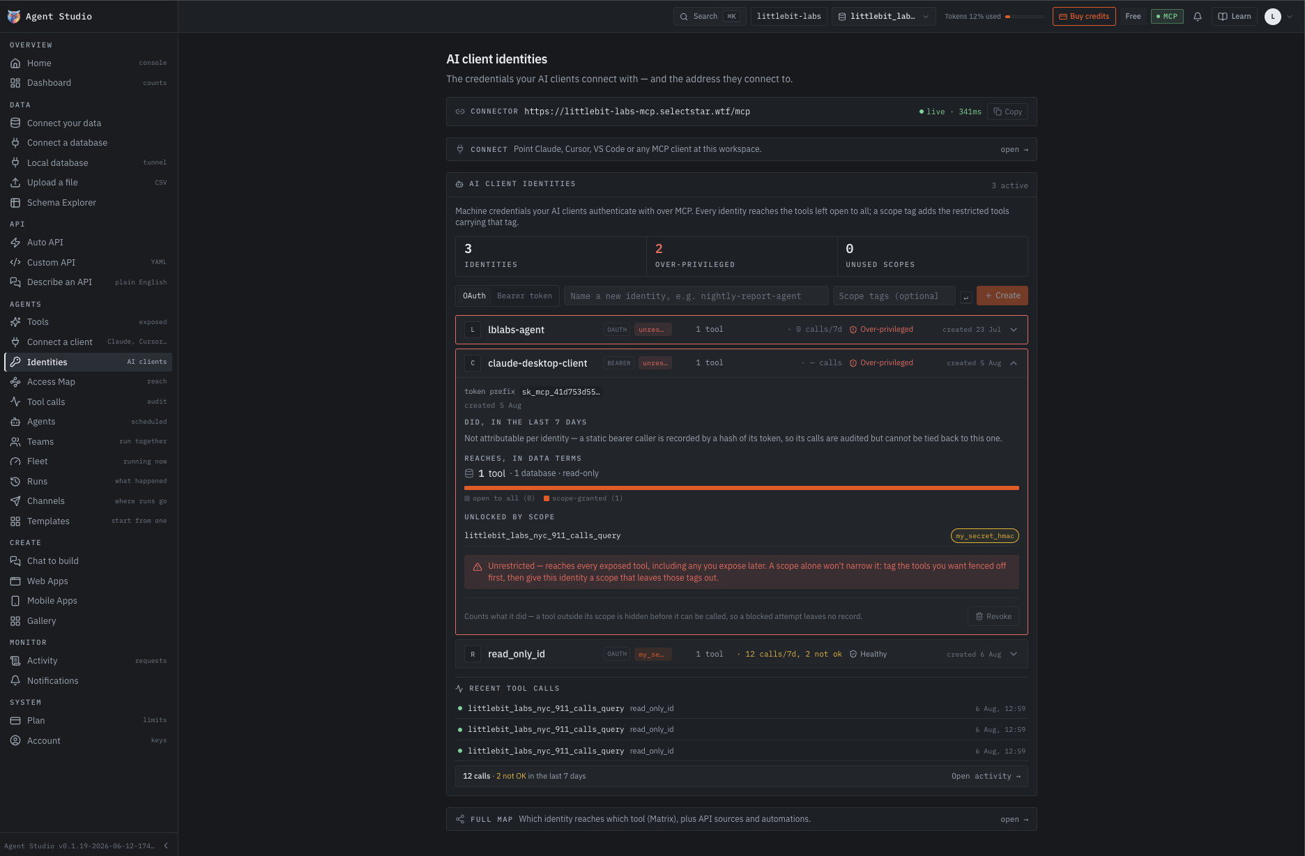 The AI client identities view: a live MCP connector address, three identities with two flagged over-privileged, and one identity expanded to show the single tool it reaches