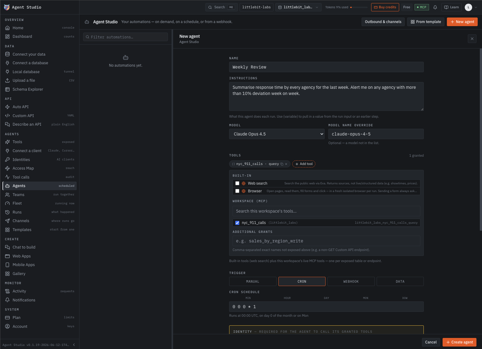 The New agent form in Agent Studio: name, instructions in English, model, one granted tool named nyc_911_calls · query, a cron trigger set to 0 0 0 * 1, and an identity block
