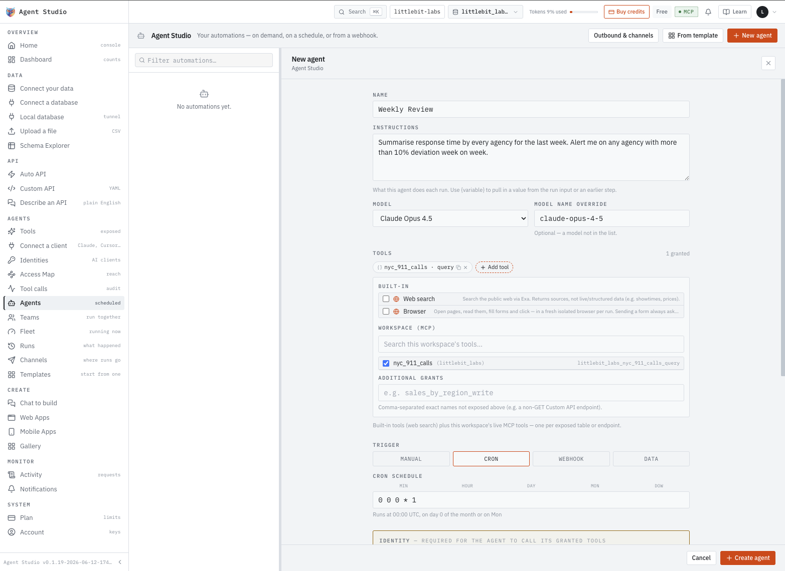 The New agent form in Agent Studio: name, instructions in English, model, one granted tool named nyc_911_calls · query, a cron trigger set to 0 0 0 * 1, and an identity block