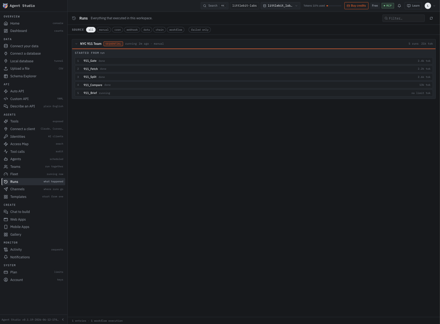 The Runs view: NYC 911 Team, marked sequential and running, with its five runs listed underneath — 911_Gate, 911_Fetch, 911_Split and 911_Compare done, 911_Brief still running