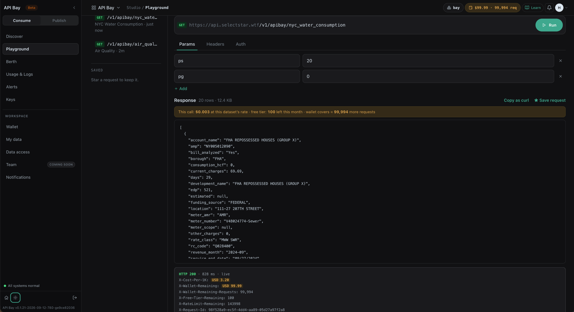 The API Bay playground: GET https://api.selectstar.wtf/v1/apibay/nyc_water_consumption with ps=20 and pg=0, a 20-row JSON response of water bills, and response headers reading HTTP 200 in 828 ms, X-Cost-Per-1K USD 3.20, X-Wallet-Remaining USD 99.99
