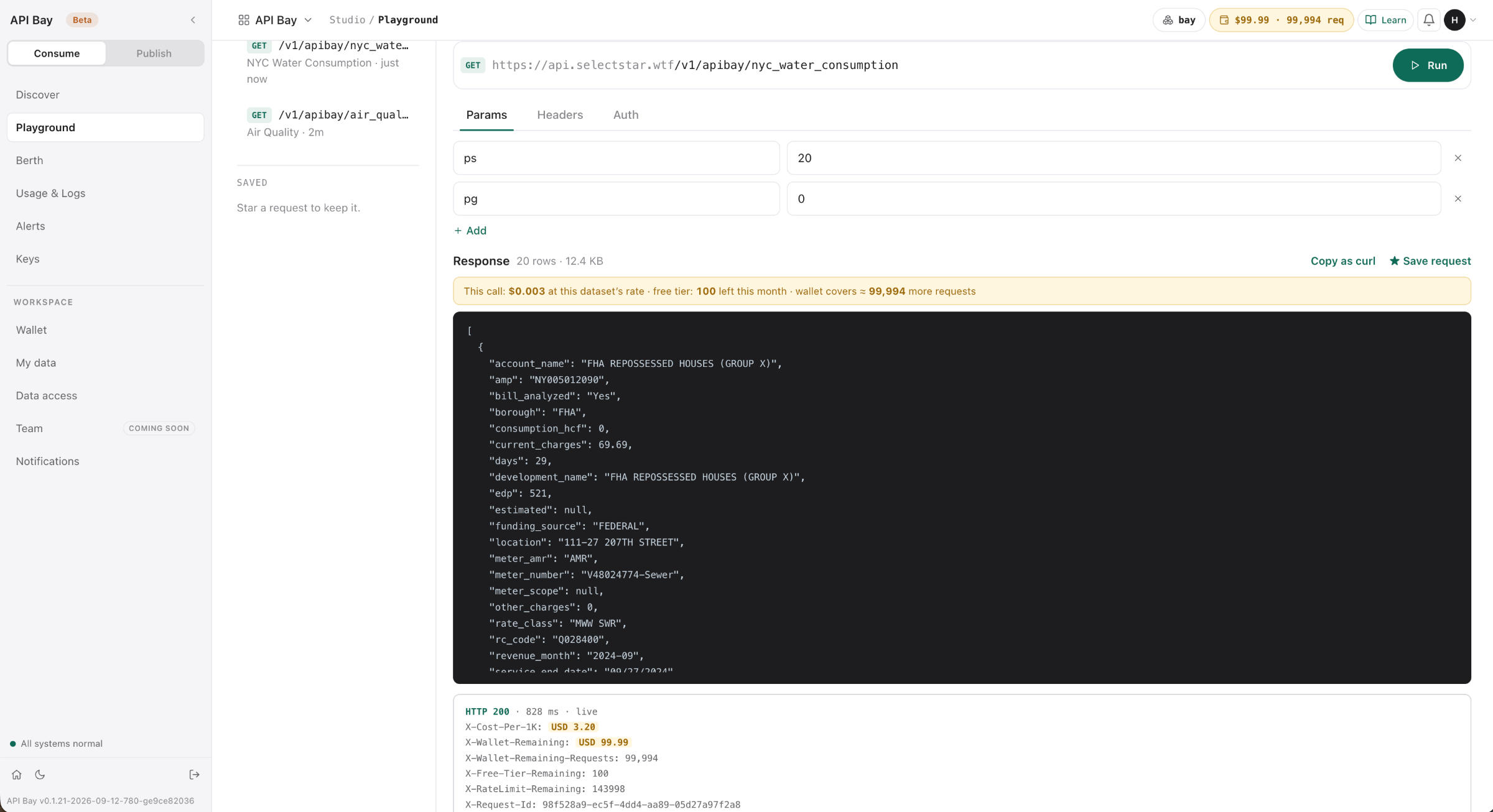 The API Bay playground: GET https://api.selectstar.wtf/v1/apibay/nyc_water_consumption with ps=20 and pg=0, a 20-row JSON response of water bills, and response headers reading HTTP 200 in 828 ms, X-Cost-Per-1K USD 3.20, X-Wallet-Remaining USD 99.99