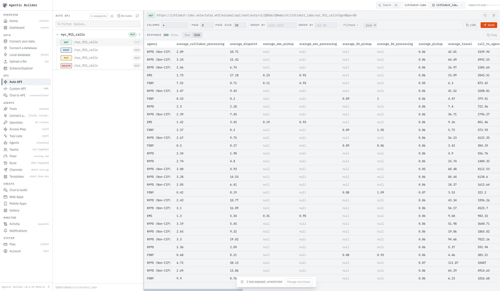 The Auto API view: nyc_911_calls with four endpoints, a live GET response and one MCP tool exposed