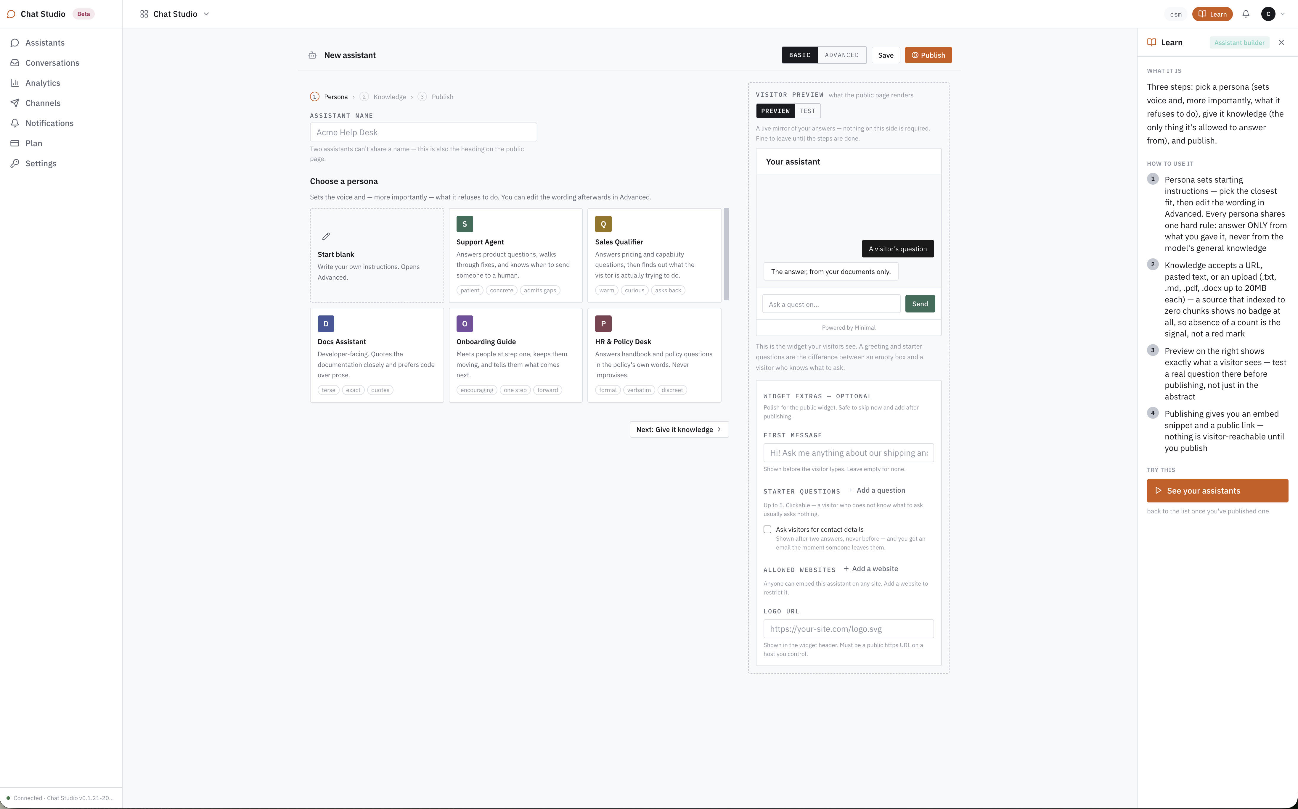 The Chat Studio builder: persona cards on the left, the live visitor-widget preview on the right, with steps Persona, Knowledge and Publish across the top