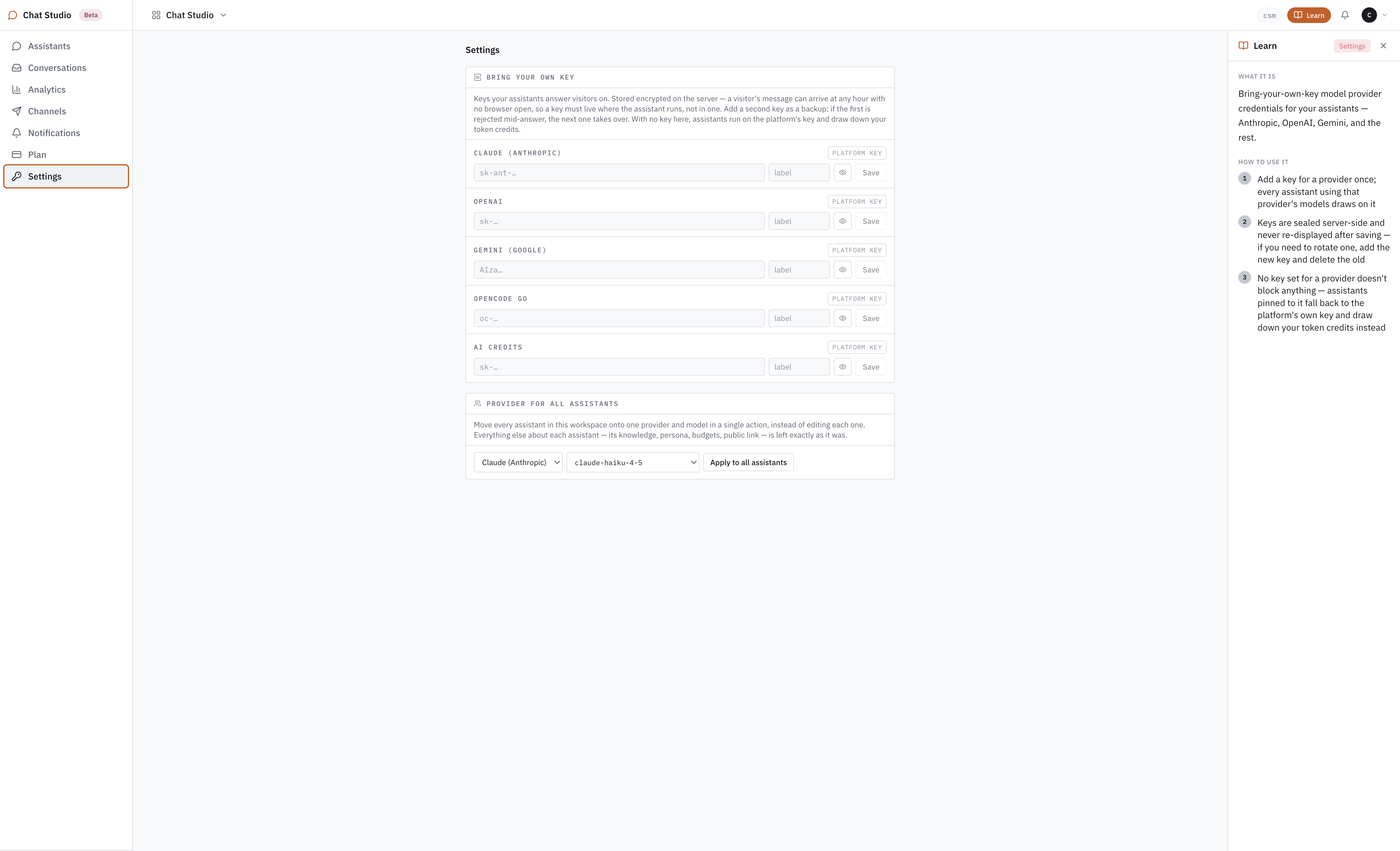 Chat Studio settings: Bring Your Own Key slots for Claude, OpenAI, Gemini, OpenCode GO and AI credits, and a panel that moves every assistant to one provider and model in a single action