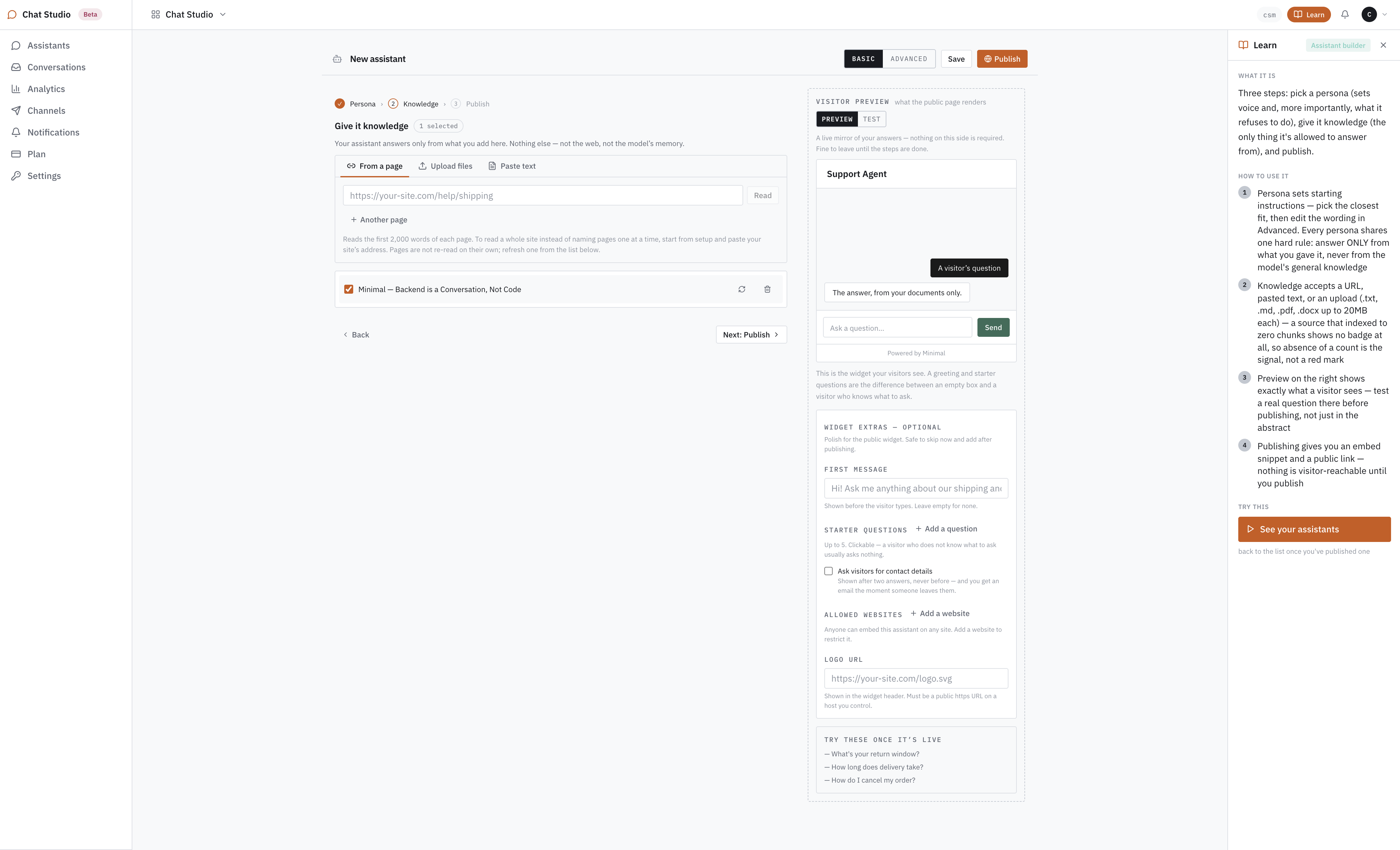 The knowledge step: tabs for From a page, Upload files and Paste text, a URL field with a Read button, and one indexed source listed and checked