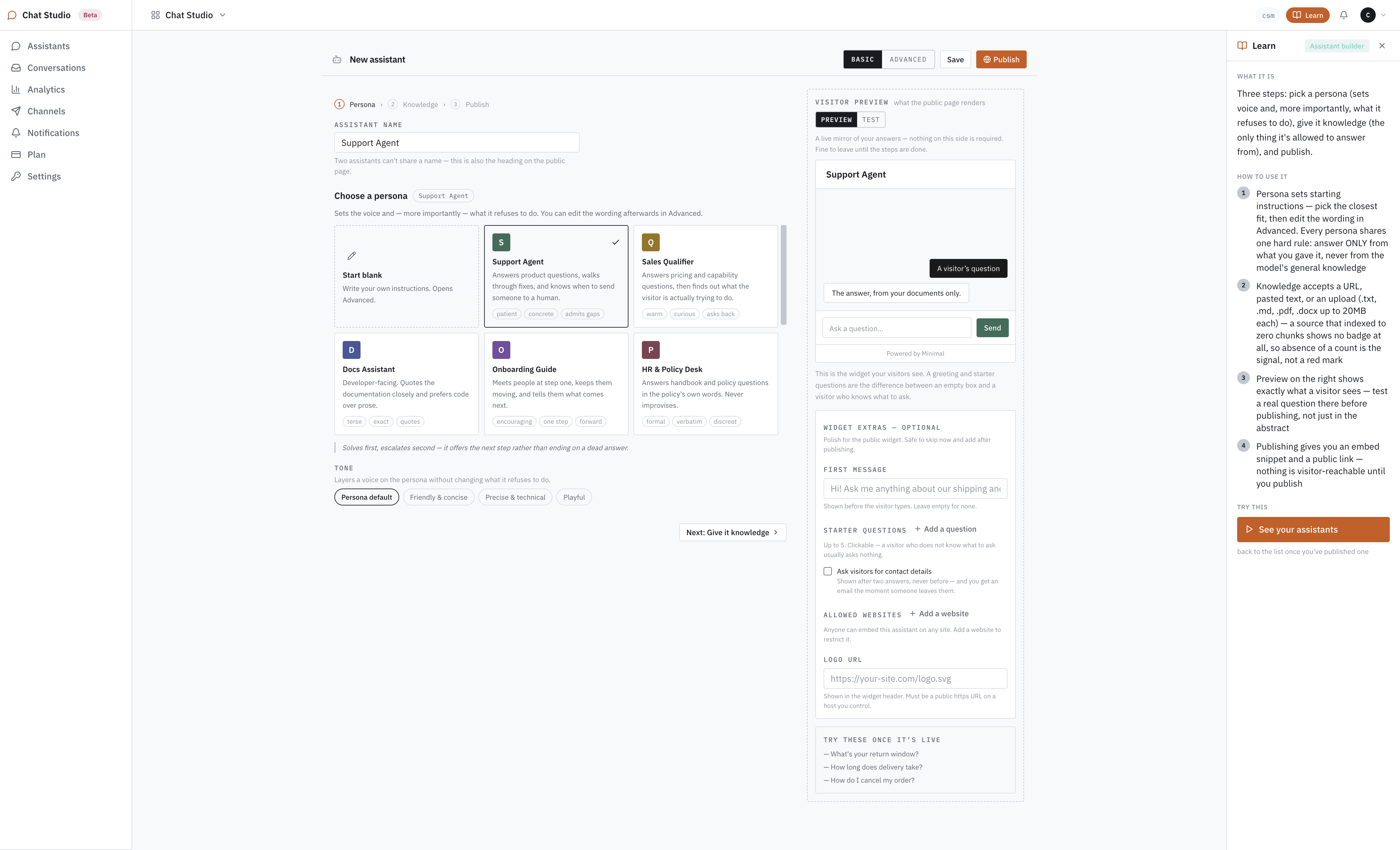 The persona step with Support Agent selected: persona cards for Support Agent, Sales Qualifier, Docs Assistant, Onboarding Guide and HR & Policy Desk, tone chips underneath, and the widget preview retitled Support Agent