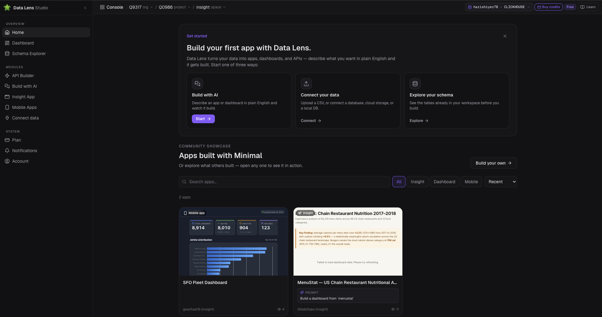 Ask Studio home: build with AI, connect your data or explore your schema, above a showcase of dashboards built with Minimal